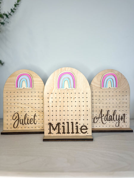 Wood laser cut arched stud earring holder with rainbow