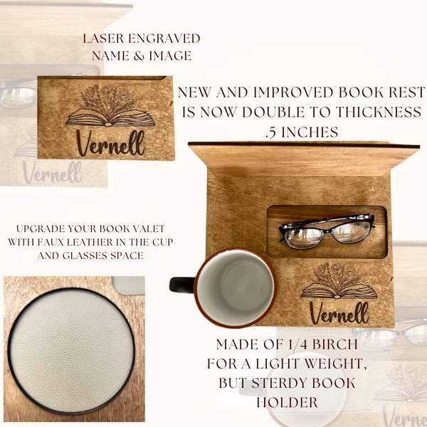 Personalized Book Page Holder with spot for Coffee and glasses
