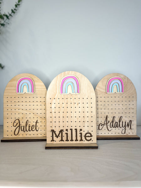 Wood laser cut arched stud earring holder with rainbow 