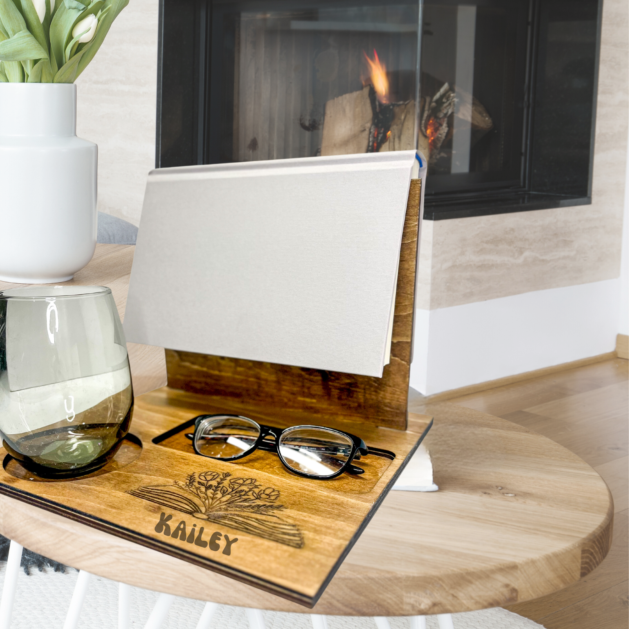Personalized Book Valet with spot for Coffee and glasses