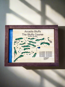 Arcadia Bluffs golf course map cut out of wood and framed in Walnut