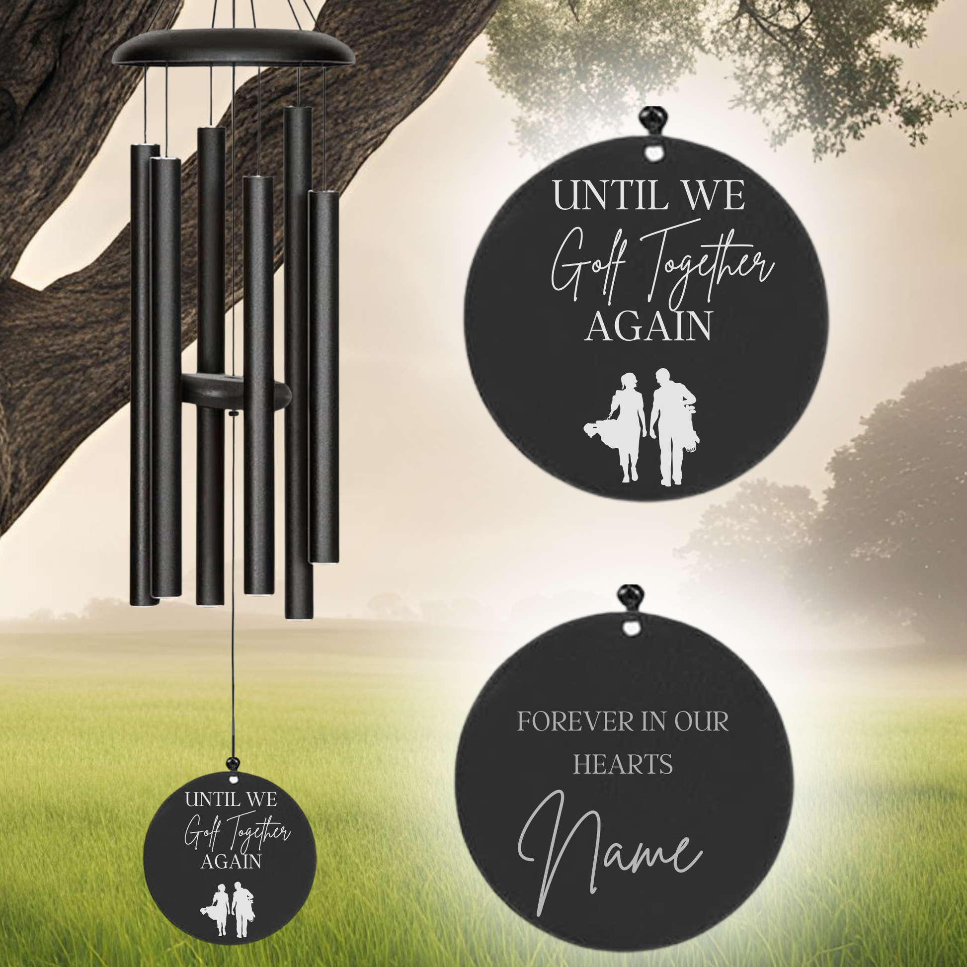 Black wind chime with engraved messages against a natural background