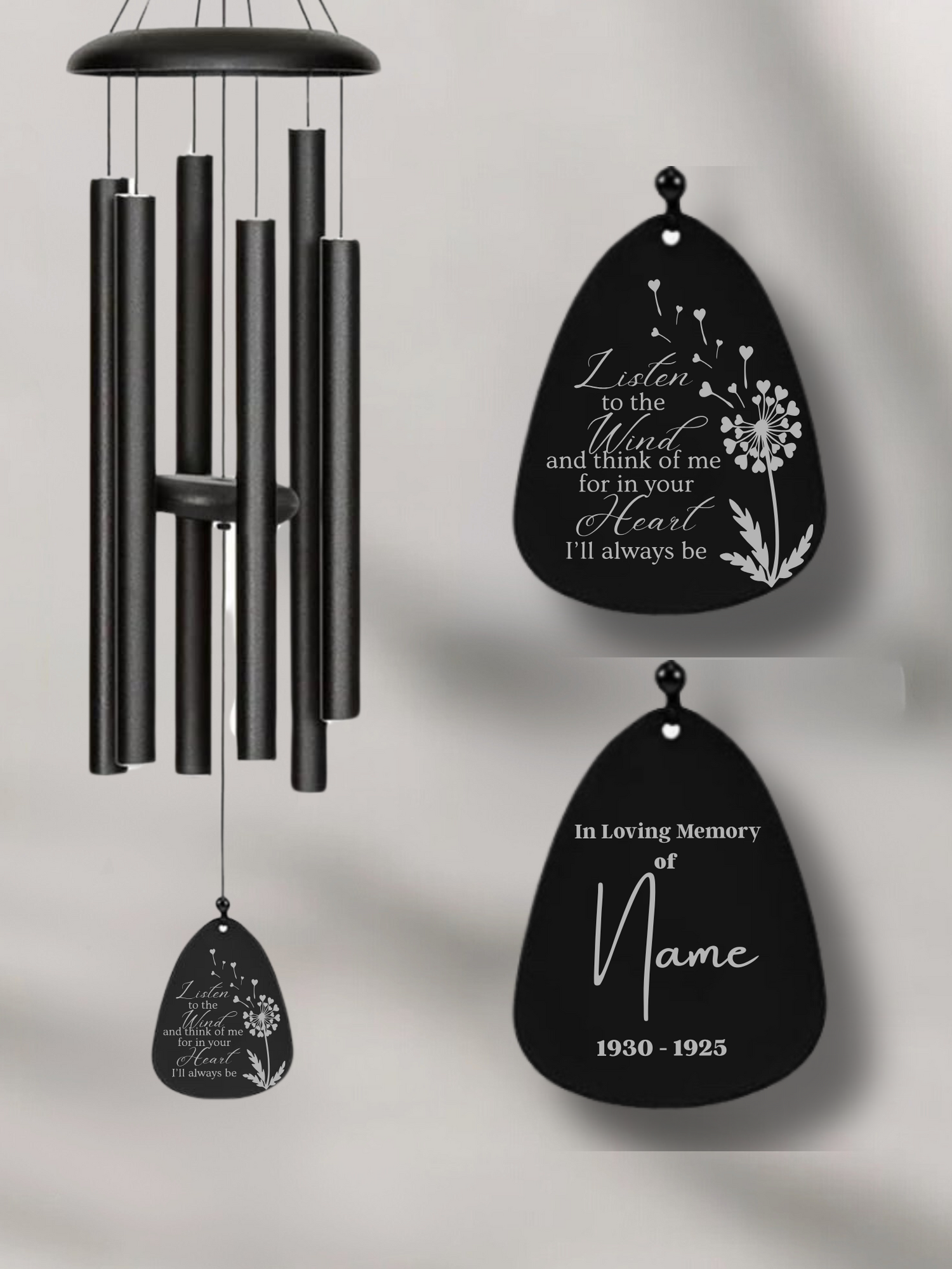 Personalized memorial wind chime with custom engraving hanging in garden”