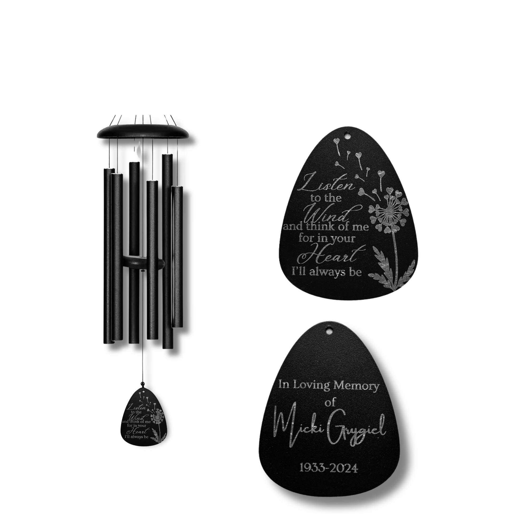 Engraved sympathy wind chime showing custom name and dates