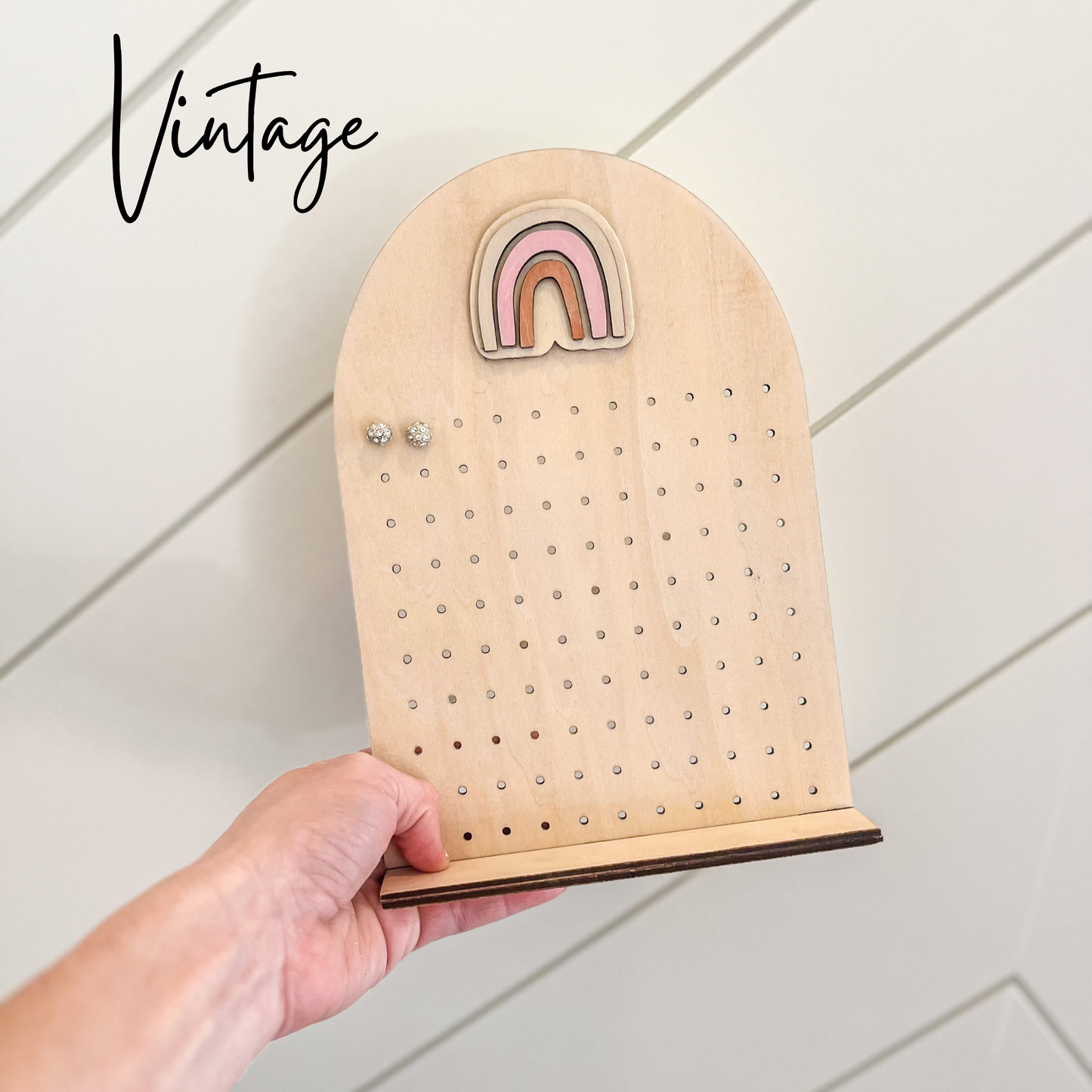 Wood Earring Holder with boho rainbow - Oak + Vine Designs